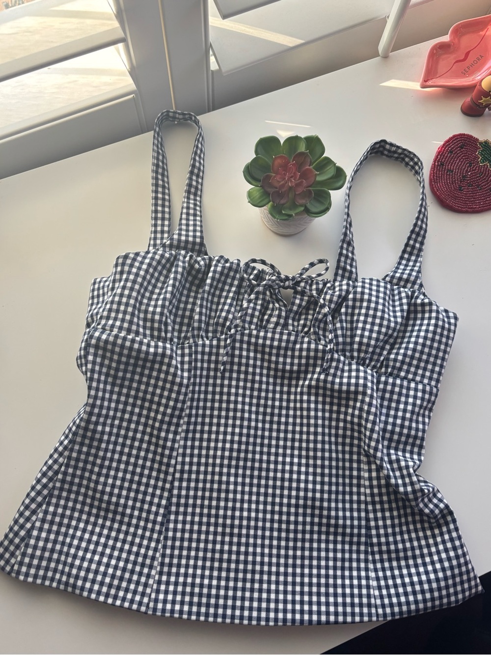 Zar White/Navy Gingham Top Large